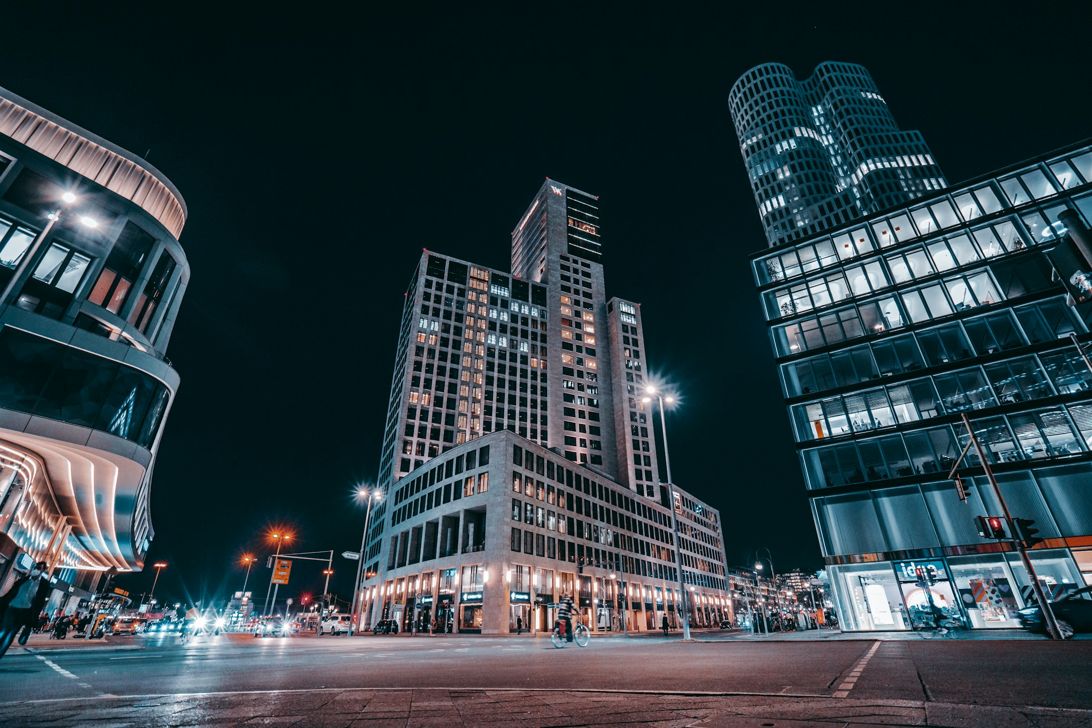 A city skyline glowing at night